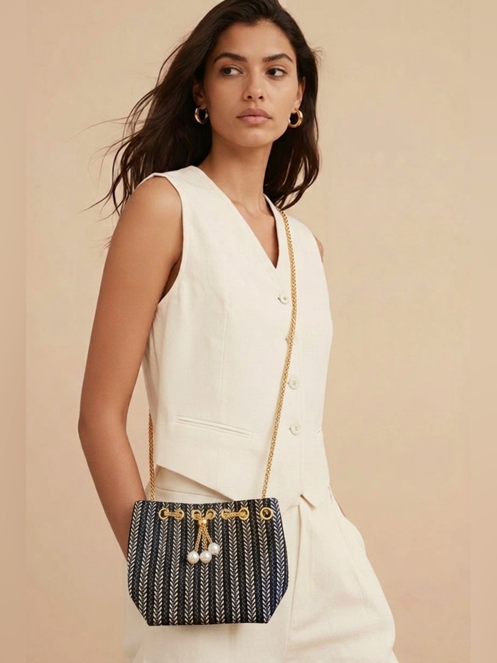 Woven Navy Chevron Crossbody Bag with Gold Chain
